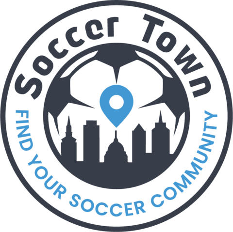 The Soccer Town badge: a football and a city skyline inside a ring reading Soccer Town, find your soccer community.